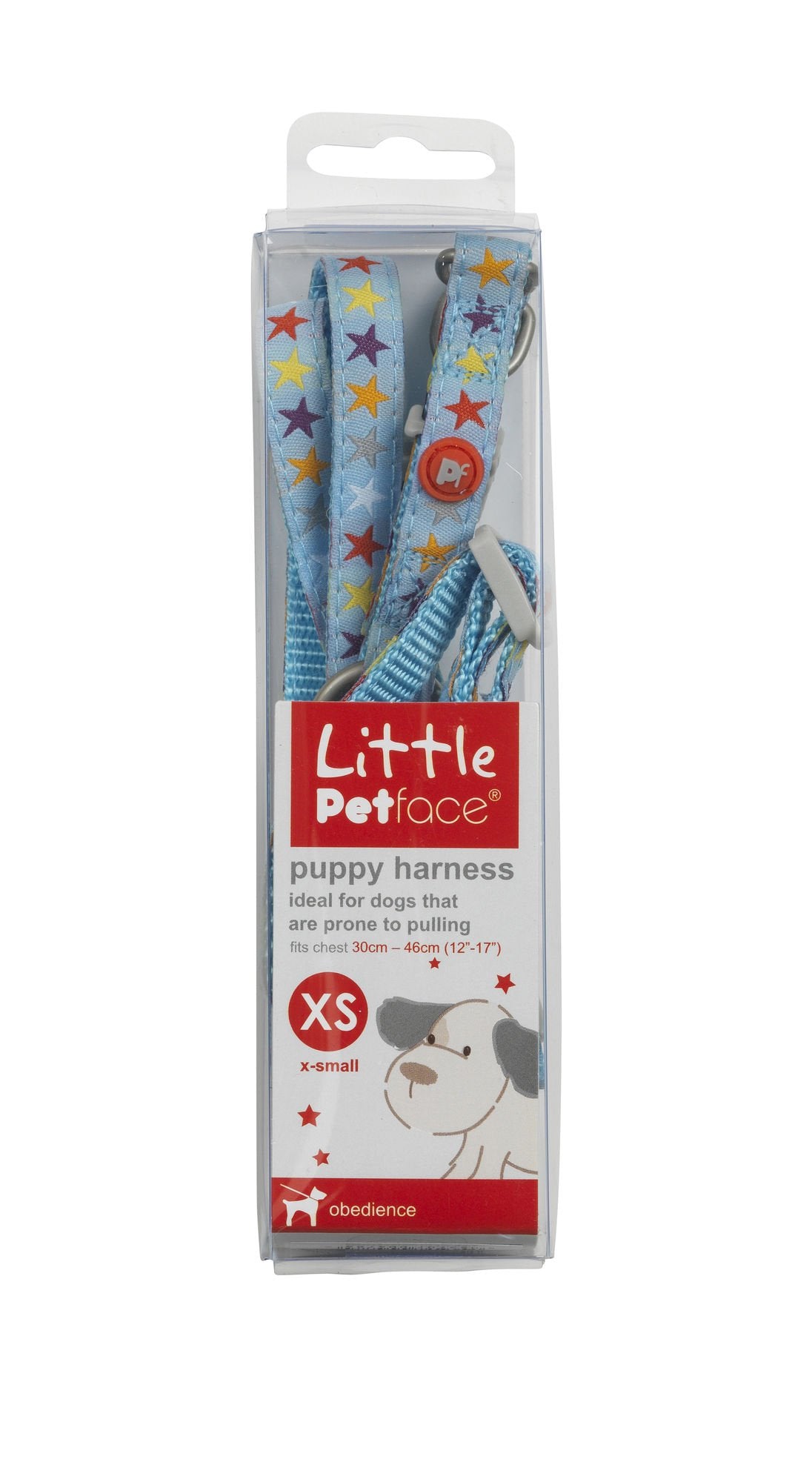 Little Pet Face puppy harness packaging with blue stars on a white background