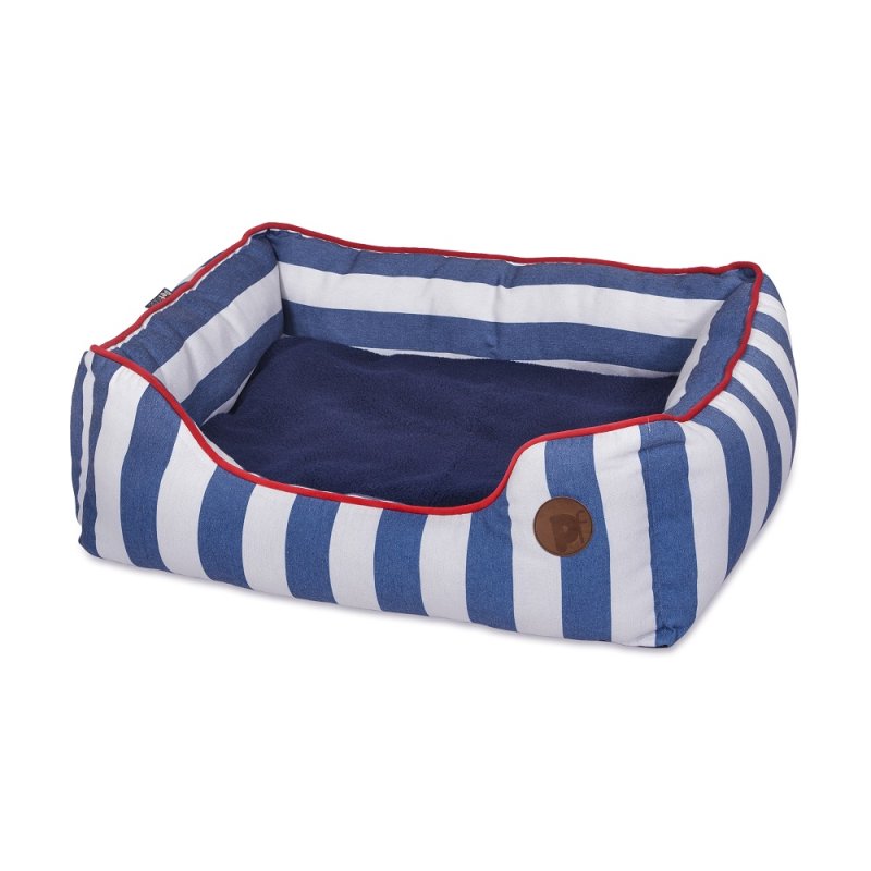Blue and white striped pet bed with a brown button on a white background