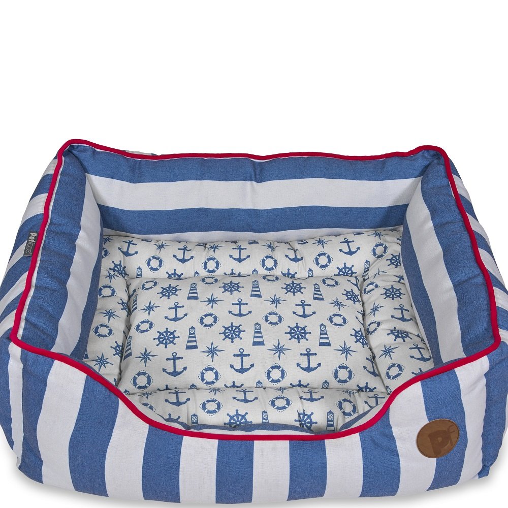 Nautical-themed pet bed with blue and white stripes and anchor pattern