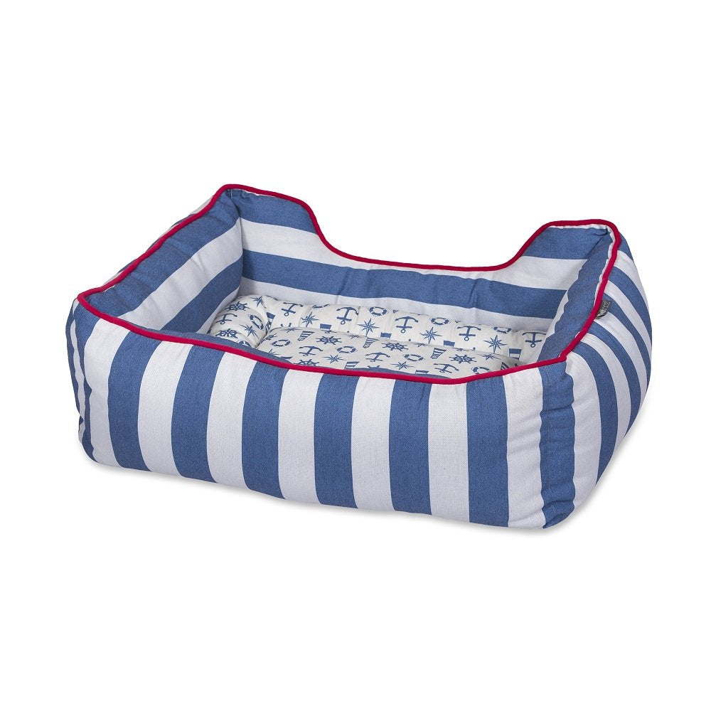 Blue and white striped pet bed with red trim on a white background