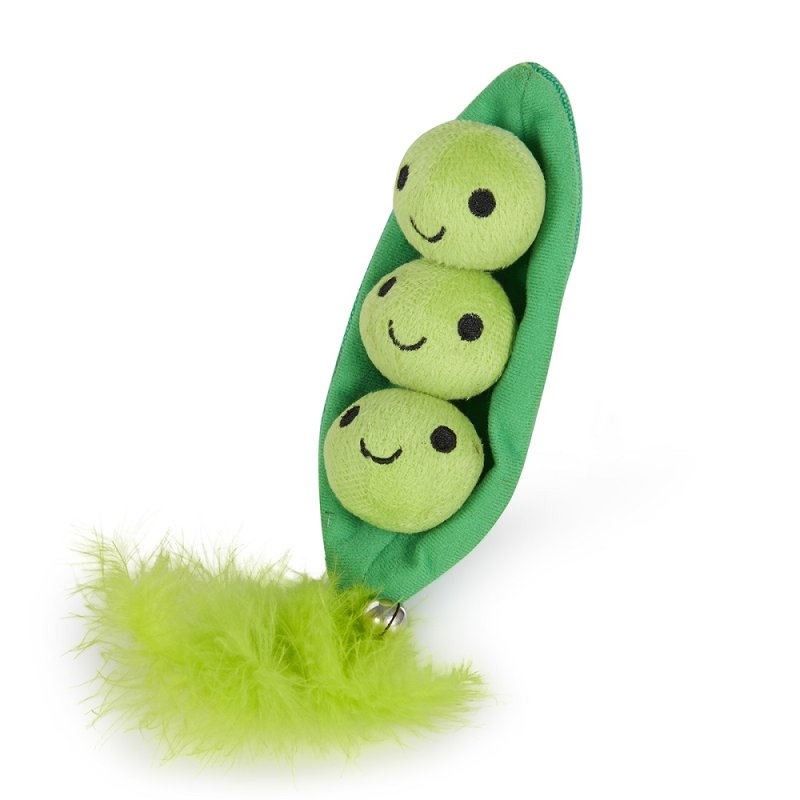 Plush toy of three green peas in a pod with a smiling face on a white background