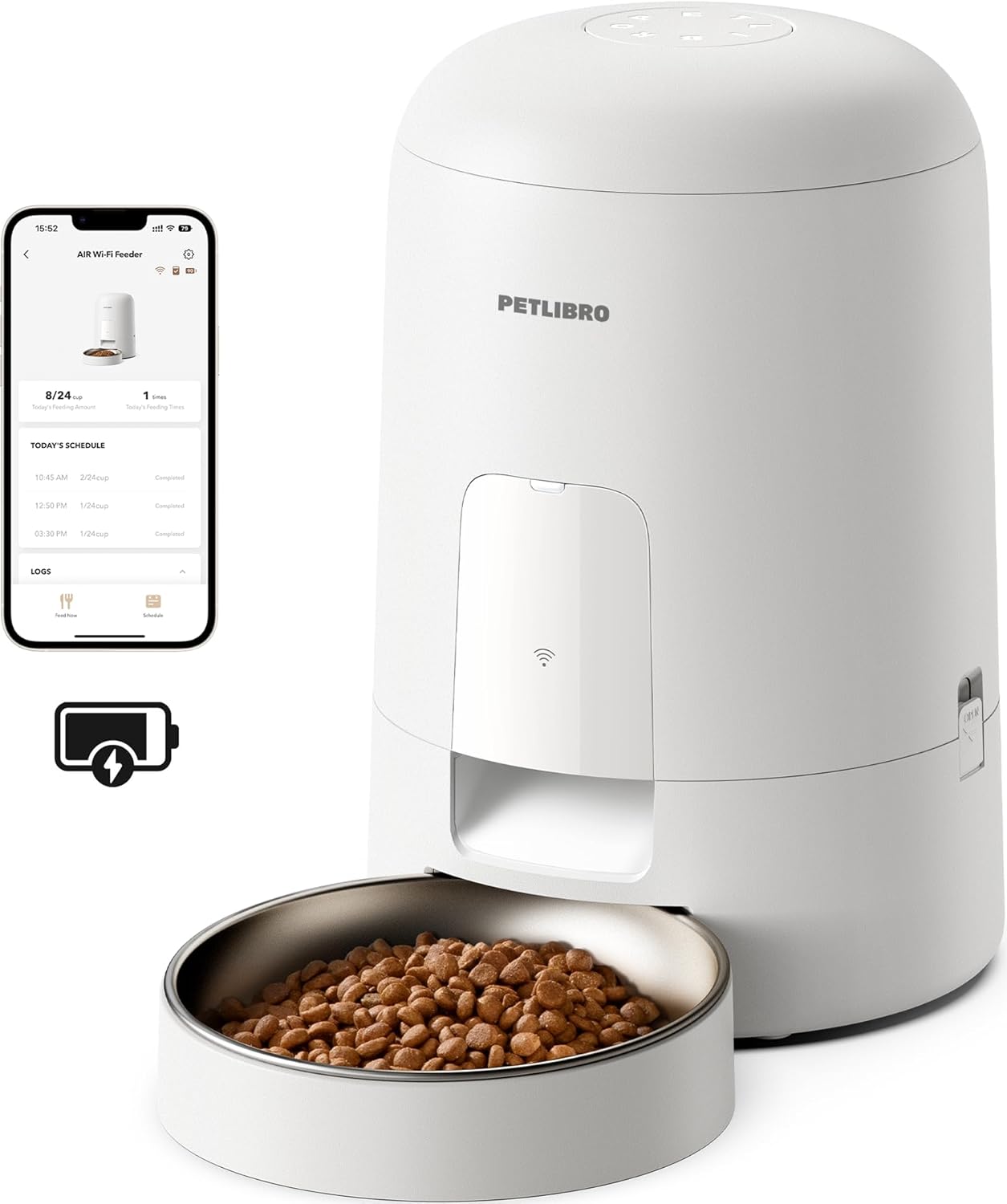 White pet feeder with a bowl of food and smartphone app interface on a white background