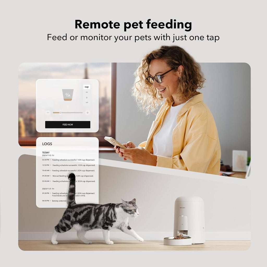 Woman using a smartphone app to feed her cat with remote pet feeding technology.