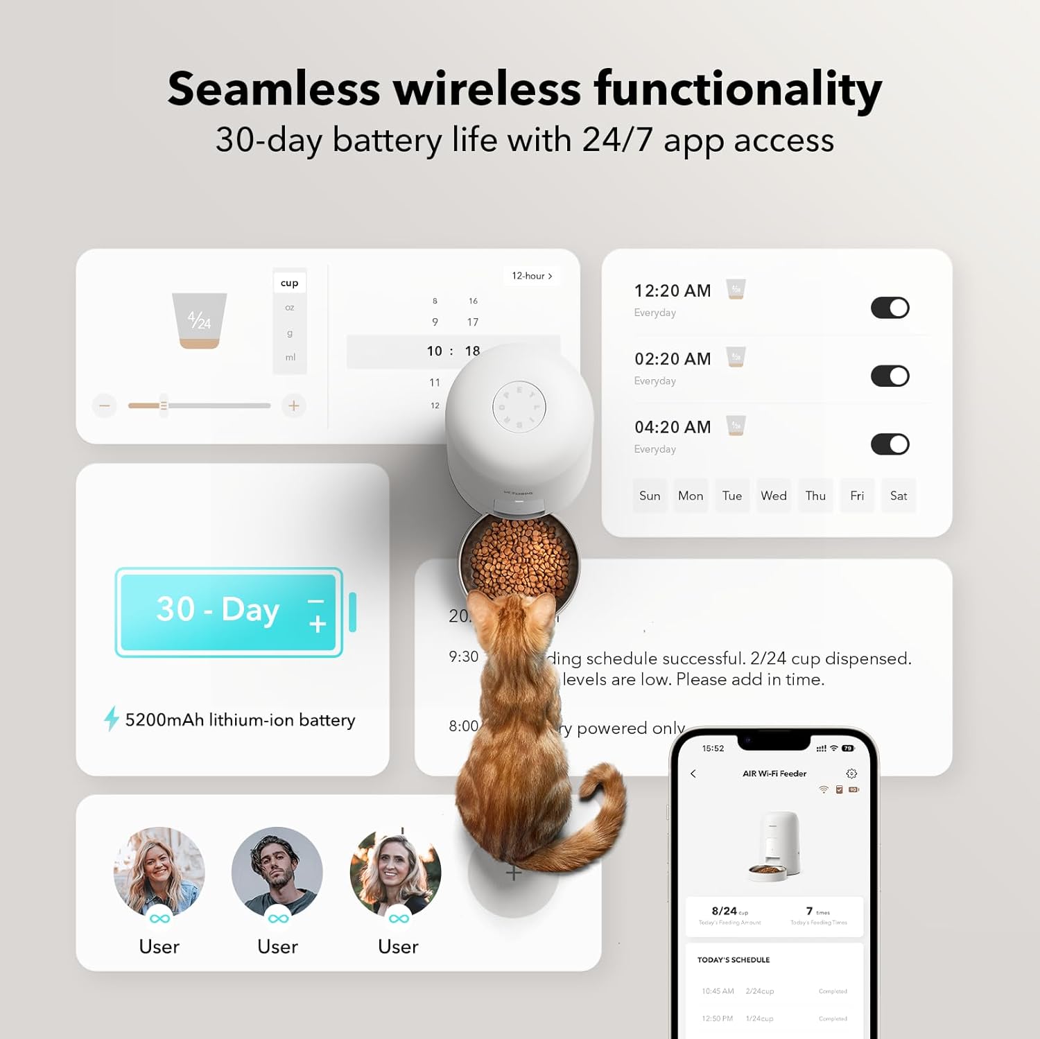 Smart pet feeder with digital interface and smartphone app on a light gray background