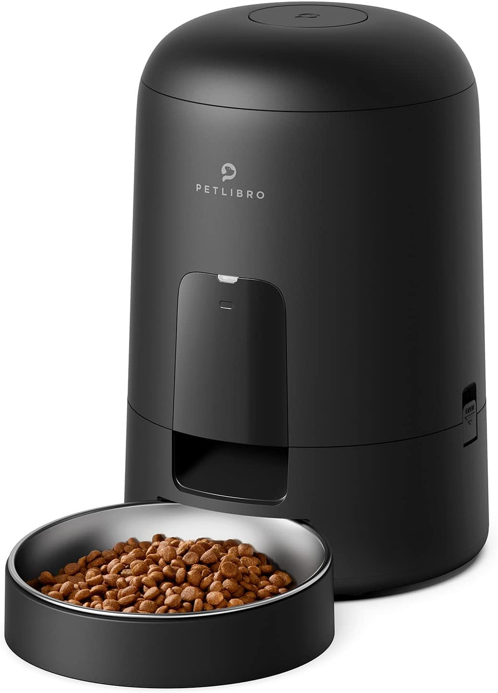 Black pet feeder with a bowl of kibble on a white background