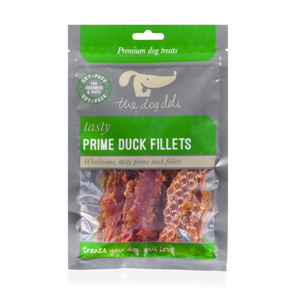 Package of 'Prime Duck Fillets' dog treats with green and gray design.