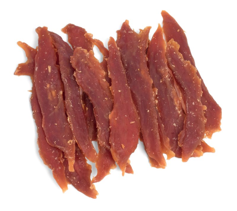 Dried beef strips on a white background