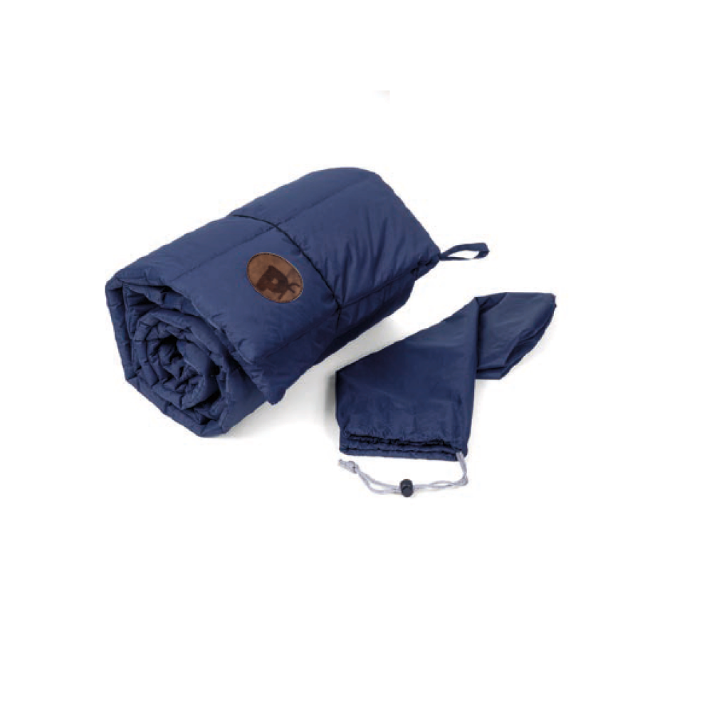 Navy blue travel pet bed with brown logo on a white background