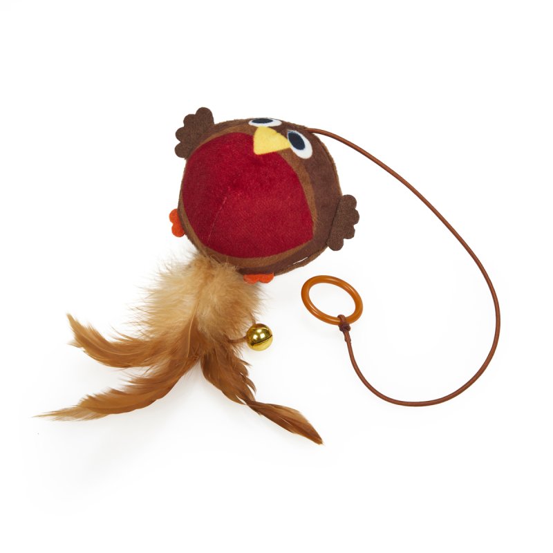 Cat toy shaped like a bird with feathers and a bell on a white background