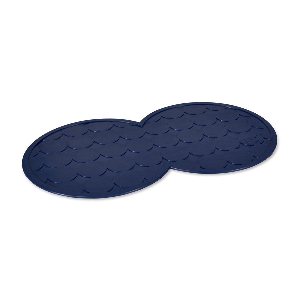 Two navy blue circular mats with textured surface on a white background
