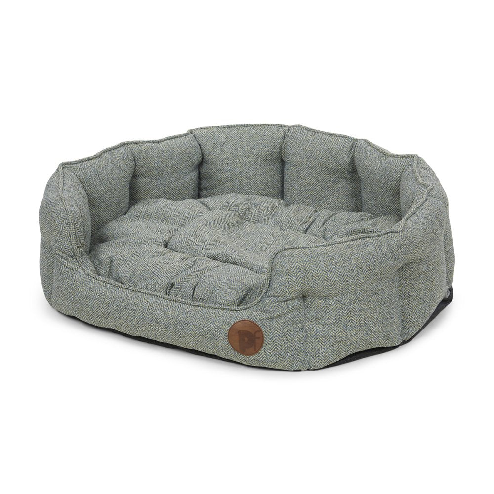 Gray pet bed with a brown logo on a white background