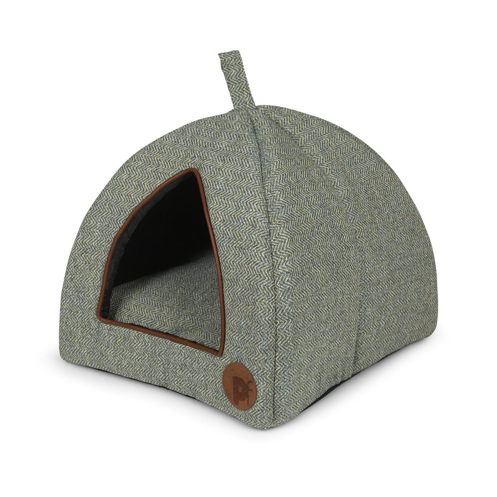 Green pet tent with a brown interior and base on a white background