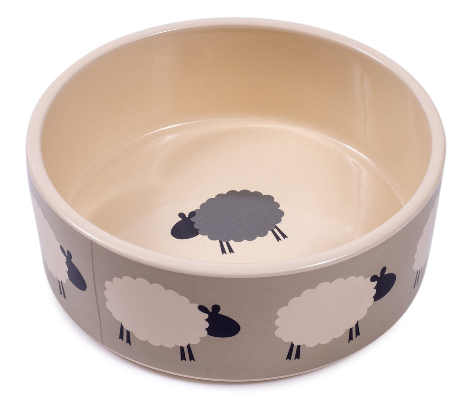 Beige pet bowl with sheep pattern on a white background