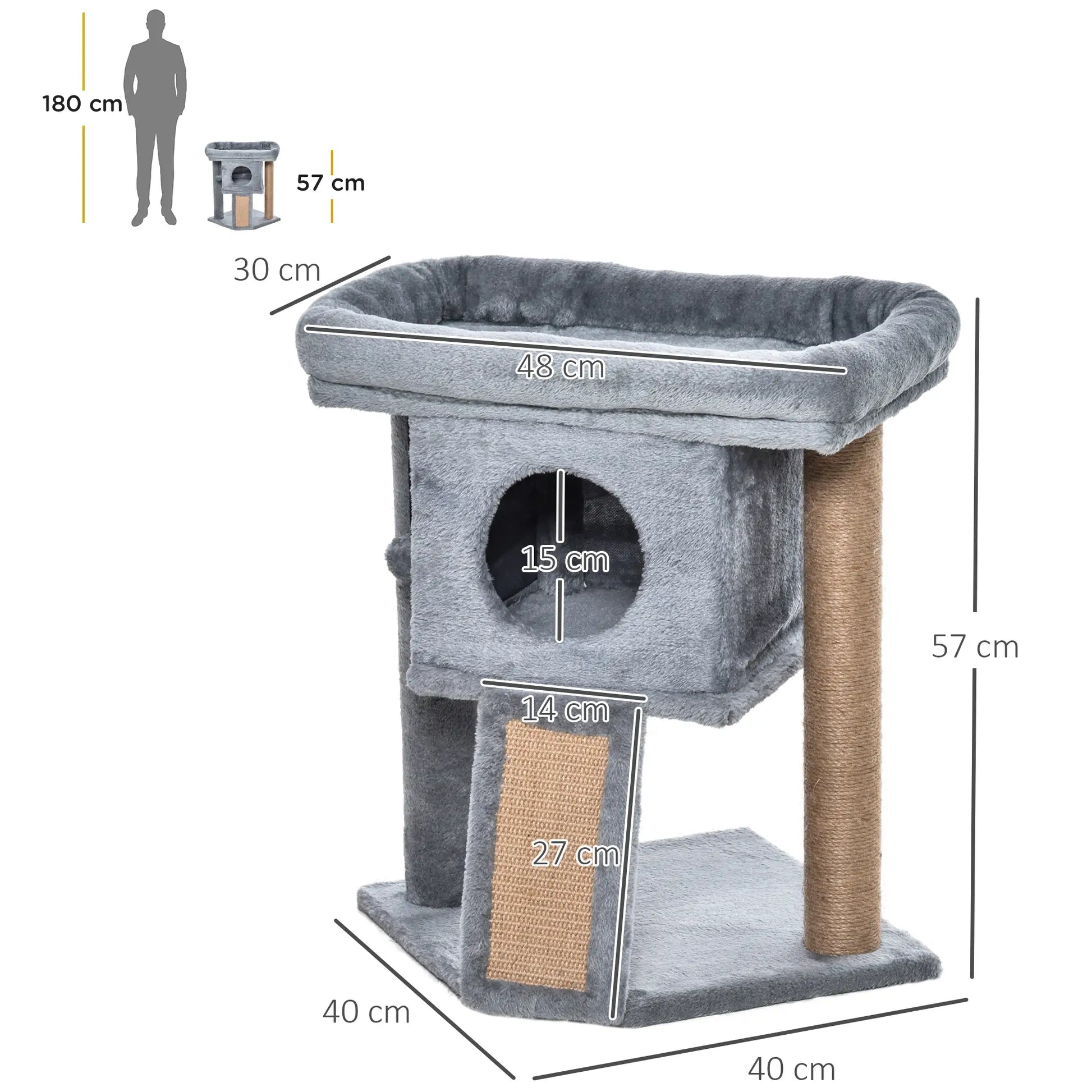Gray cat tree with dimensions labeled on a white background