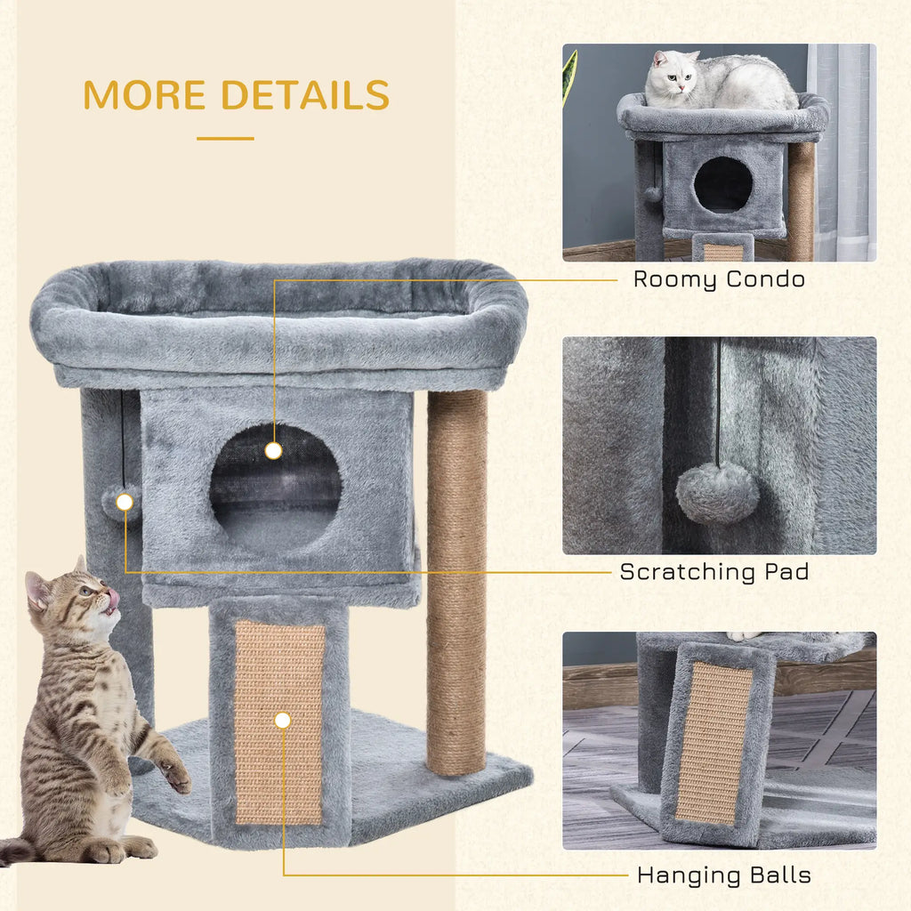 Cat tree with features highlighted, including a roomy condo, scratching pad, and hanging balls.