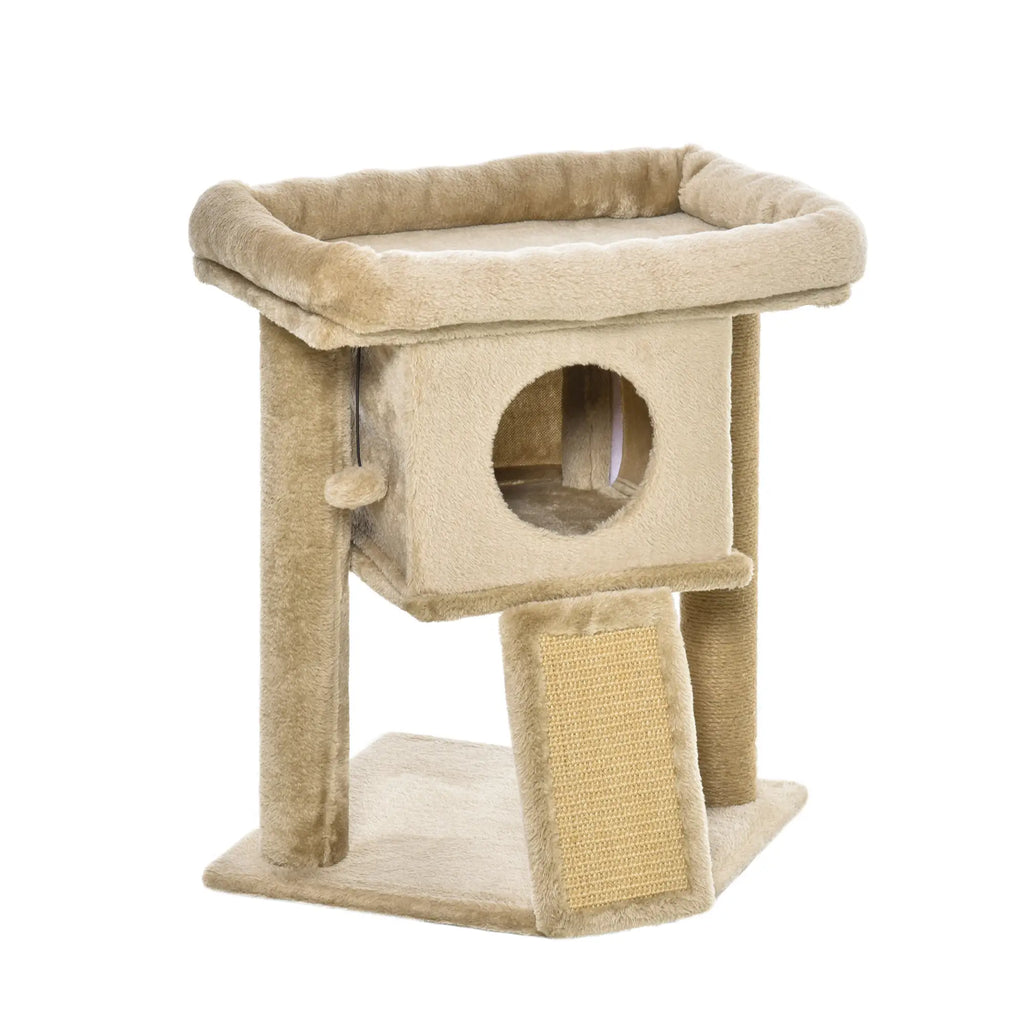 Beige cat tree with a scratching post on a white background