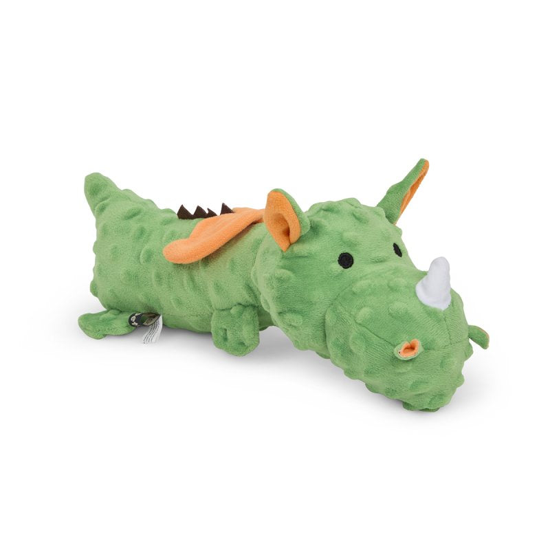 Green plush dragon toy with orange accents on a white background