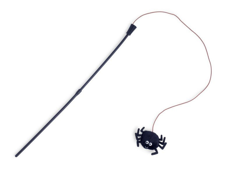 Black spider-shaped cat toy on a white background
