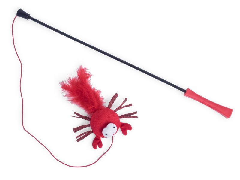 Red cat toy with a long black and red handle on a white background