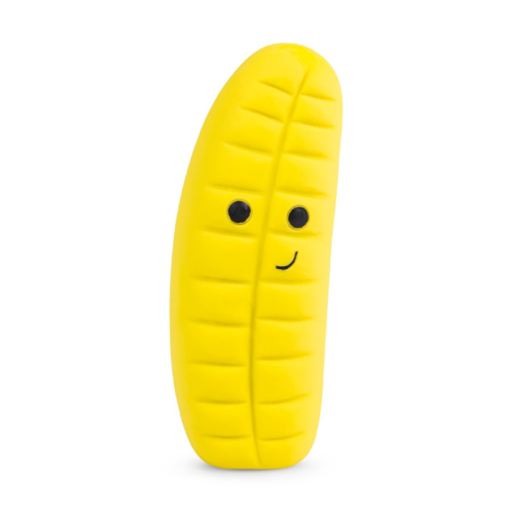 Yellow banana toy with a smiling face on a white background