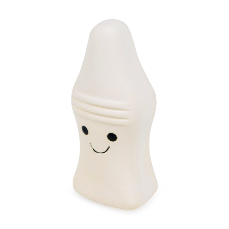 White milk bottle toy with a smiling face on a white background