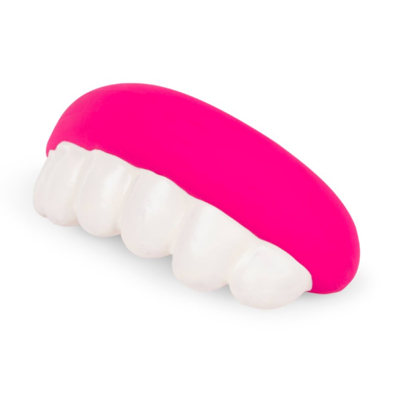 Pink and white object resembling teeth on a white background