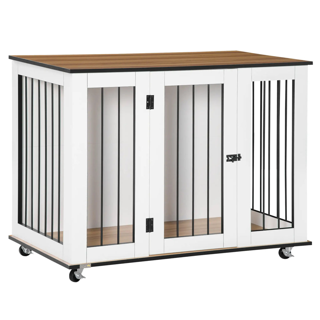 White pet crate with wooden top and wheels on a white background