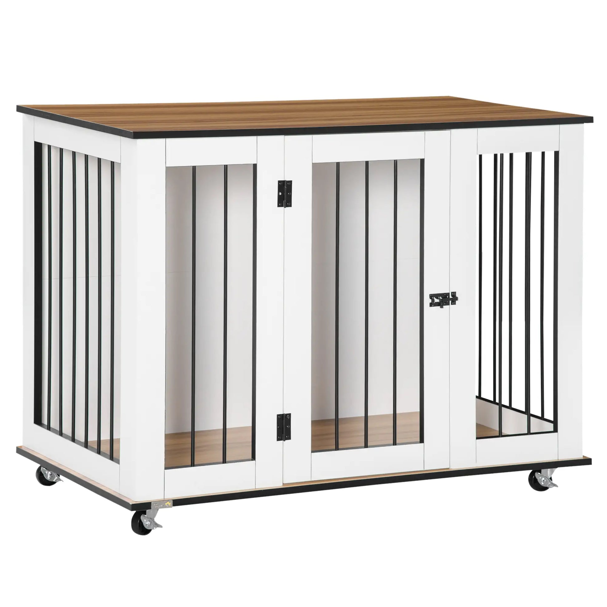 White pet crate with wooden top and wheels on a white background