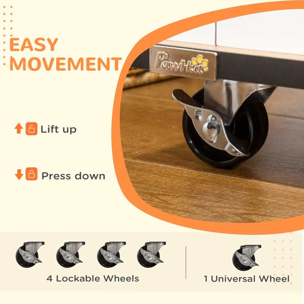 Caster wheel with lock mechanism on a wooden surface, featuring the brand 'PawHut'.