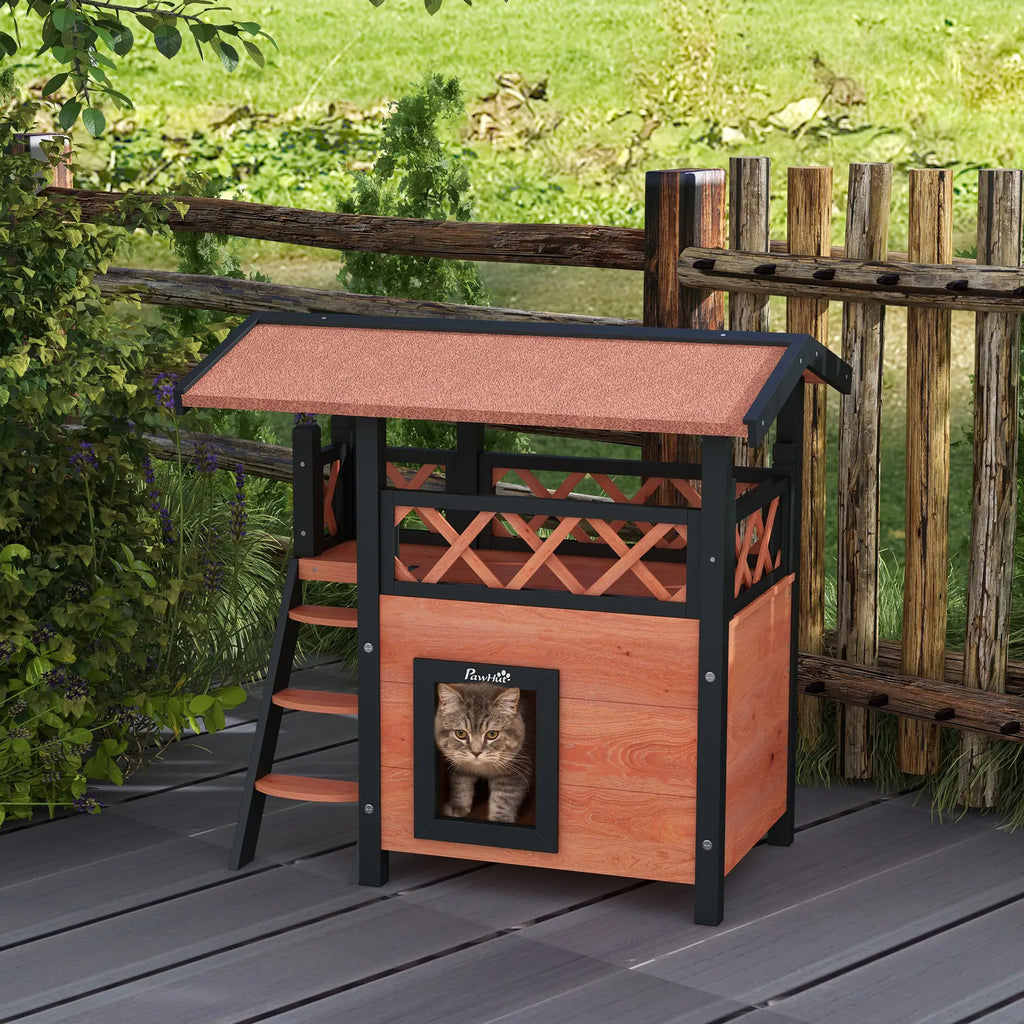 Outdoor Cat House with Balcony and Stairs