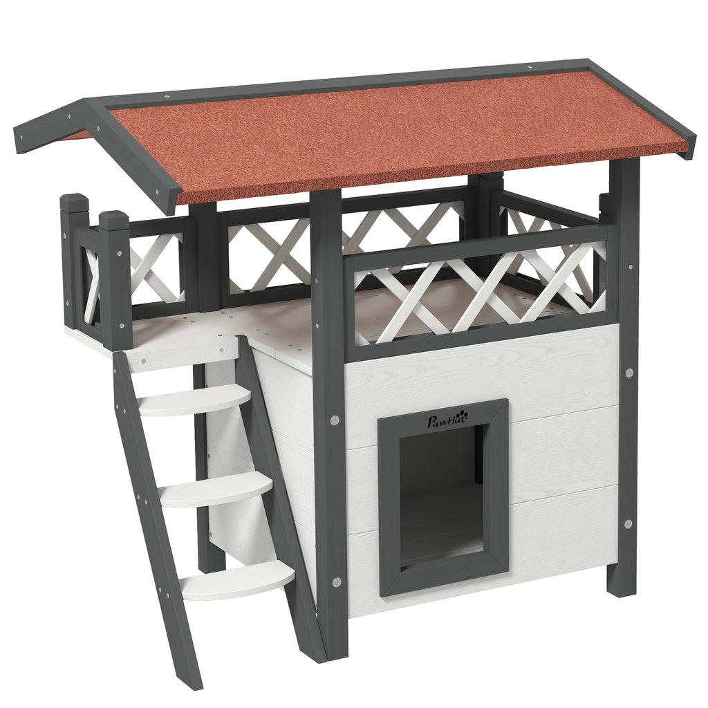 Outdoor Cat House with Balcony and Stairs