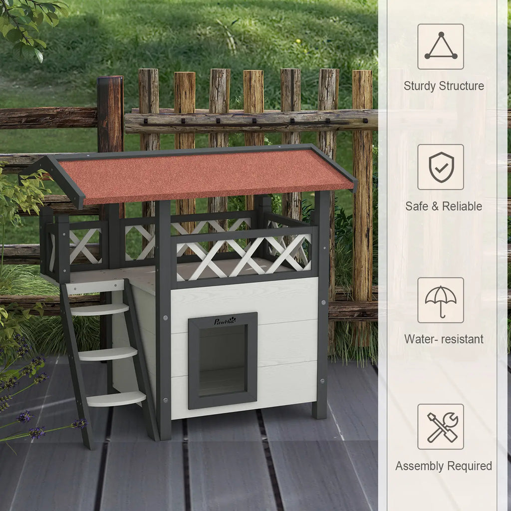 Outdoor Cat House with Balcony and Stairs